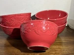 Set Of 5 Red Bowls Holly Etching Christmas Holiday Festive. Fixed Price $14.00.