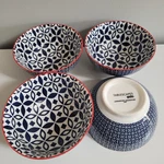 4 Bowls Tablescapes By Gaia Blue Geometric Design Red Trim 6". Fixed Price $16.99.