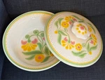 Franciscan Maypole Covered 11.5" Round Serving Bowl Lid Yellow Pink Floral Vine. Fixed Price $45.00.