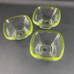 Set 3 Walther Germany Clear Glass Square Bowls Dip Prep Green / Yellow Rim. Fixed Price $24.99.