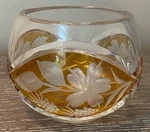 Exquisite Amber And Clear Etched Crystal Bowl Nature Themed Pristine. Fixed Price $44.00.