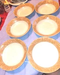 6 Epoch Panama E929 Soup / Cereal Bowls Tan & Brown Palm Leaves Stoneware. Fixed Price $22.50.