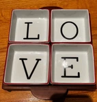 The Cellar Sentiments Set 4 Square Condiment Bowls V White Black Letters. Fixed Price $29.00.