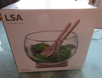 West Elm Lsa Salad Bowl Glass Set W/ Oak Base Wood Servers New In Box. Fixed Price $109.99.