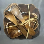 Vintage Sealed 7PC Wooden Monkey Pod Fruit Salad Bowl Set Flower Shape Brown Mcm. Fixed Price $24.95.