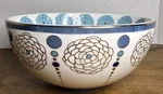 Anthropologie Didion Bowl Floral Motif Pastel Aqua Dark Blue Band Gold Accents. Fixed Price $24.95.
