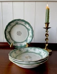 4 Green Transferware John Maddock & Sons Soup Bowls Hamilton Wide Rim England. Fixed Price $35.00.