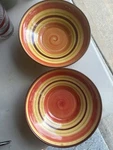 Crate & Barrel Ceramic Individual Pasta Bowls Red, Yellow Brown Bands Set Of 2. Fixed Price $36.00.