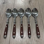 Chef's Stainless Bistro Woodgrain Brown Pattern Set Of 5 Oval Place Soup Spoons. Fixed Price $42.00.