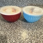 The Pioneer Woman Kari Brick Ceramic Latte Bowl Set Floral Red Blue 5.75" W/lids. Fixed Price $30.00.
