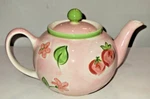 April Cornell Strawberry Tea Pot With Lid 2002 Pink Green 6.5" Tall 11" Long. Fixed Price $16.99.