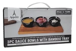 3 Black Porcelain Sauce Bowls With Bamboo Tray Appetit Oven Table. Fixed Price $10.95.