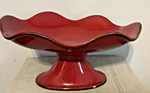 Southern Living Cinnabar Footed Serving Bowl Red Stoneware Pedestal Ruffled Edge. Fixed Price $45.00.