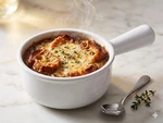 "white" Creuset 5" Stoneware French Onion Soup Bowl W/ Handle. Fixed Price $32.00.