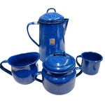 Cinsa Enamelware Coffee Pot Blue Speckled Saltillo Cream Sugar Cup Bowl. Fixed Price $25.00.