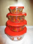 Set Of 4 Vintage Clear Glass Lidded Nesting Bowls With Colorful Rooster Design. Fixed Price $39.95.