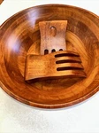 Lipper Cherry Finish Wavy Rim Bowl With Salad Hands Large Wooden Forks. Fixed Price $18.99.