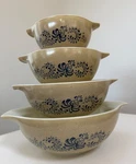 Vintage Pyrex Homestead Cinderella Mixing Bowls Set Of (441, 442, 443, 444). Fixed Price $150.00.