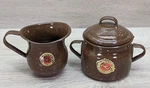 Vintage Cinsa Brown Speckled Enamelware Sugar Bowl W/lid & Creamer Primitive. Fixed Price $22.95.