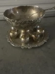 Oneida Silverplate Punch Bowl Set With Tray, Cups, And Ladle. Fixed Price $500.00.