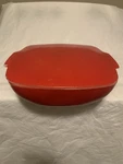 Pyrex Vintage Mid Century Primary Colors Red 525-B Lidded Square Casserole Dish. Fixed Price $38.00.