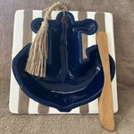 Mud Pie Blue Anchor Striped Ceramic Dip Bowl Spreader Set Beach Nautical 6.5. Fixed Price $12.97.