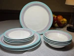 Vtg Aqua Lavender Stoneware Dinner 12 Pc SET/4 Plates Bowls Signature Housewares. Fixed Price $49.99.