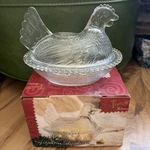 Hen On Nest Clear Chicken Glass Candy Dish Made Usa Indiana Original Box. Fixed Price $69.99.