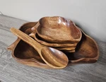 Vintage 6 Pc. Hand Carved Monkey Pod Wooden Leaf Shaped Salad Bowl Set. Fixed Price $30.00.