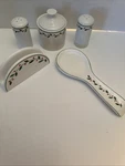 Trisha Holiday Hostess Set Spoon Rest Sugar Bowl Salt & Pepper Napkin Holder. Fixed Price $12.00.