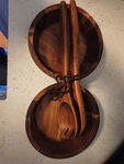 2 Small Threshold Wooden Acacia Salad Bowls With Serving Tongs Tools. Fixed Price $22.00.