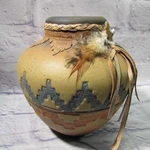 Southwestern Beige Ceramic Pottery Vase Feather Leather Trim Geometric Unmarked. Fixed Price $10.82.