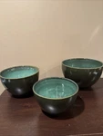 Set Of Three Sango Nova Green #4935 Nesting Bowls Drip Glazed Stoneware. Fixed Price $44.99.