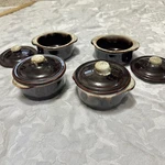 Vintage Pottery Onion Soup Bowls Set 4 Brown Drip Glaze Excellent Lidded Crocks. Fixed Price $38.88.