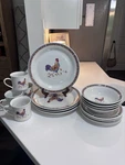 Vtg Rooster Dinnerware Set Plates Bowls Mugs Farmhouse Country Cottage Kitchen. Fixed Price $125.00.
