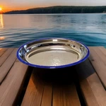 Couzon Acier Inox 18/10 France Stainless Steel Blue Enamel Rim 12" Serving Dish. Fixed Price $22.68.
