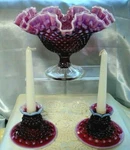 Fenton Glass"vintage 50S"PLUM Opalescent"hobnail"fruit Bowl+sticks"console Set. Fixed Price $1299.00.