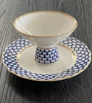 Lomonosov Imperial Porcelain Cobalt Net Dessert Set Cake Plate & Ice Cream Vase. Fixed Price $115.00.