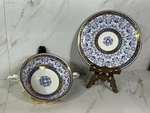 Royal Worcester Lily Footed Cream Soup Bowl + Plate Cobalt Blue Gold Trim. Fixed Price $92.15.