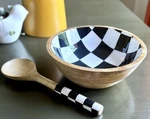 Black White Checkers Artisanal Enameled Mango Wood Serving Bowl & Spoon Set New. Fixed Price $34.99.