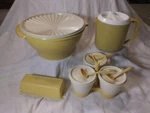 Vintage Tupperware Salad Serving Bowl, Pitcher, Butter & Condiment Harvest Gold. Fixed Price $100.00.