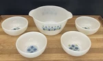 Vintage Fire King Swiss Alpine Chalet Milk Glass Mixing And 4 Cereal Bowls. Fixed Price $49.00.