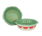 Lot Of 2 Pioneer Woman Stoneware Mini Pie Plates 5" Joy Green Gold Polka Dot. Fixed Price $18.99.