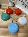 5 Glasbake Vintage Bowls Handle J313 1-FINNED Lid J314. Fixed Price $49.00.