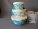 Pyrex Inspired Vintage Charm Turquoise Rise N' Shine Mixing Bowls Original Box. Fixed Price $259.99.
