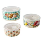 Pioneer Woman Sweet Romance Cow 6PC Round Ceramic Bake Storage Nesting Bowls Set. Fixed Price $49.00.