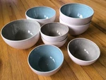Laurie Gates Monterey Stoneware Bowls Set Of 8 Embossed Triangle Rim Blue Grey. Fixed Price $87.00.