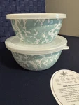 Golden Rabbit Sea Glass Swirl Enamelware Prep Bowl Set Of 2 W/ Lids. Fixed Price $19.99.