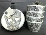 222 Fifth Halloween Skull Lace Set You Choose 4 Appetizer Dessert Plate, Or Bowl. Fixed Price $113.90.