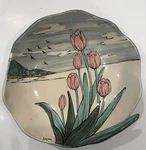 Handmade Painted Footed Bowl Landscape Scene With Tulips Front Signed. Fixed Price $24.95.
